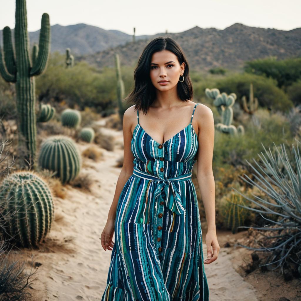 Woman in Striped Summer Dress Walking in Desert Cactus Landscape