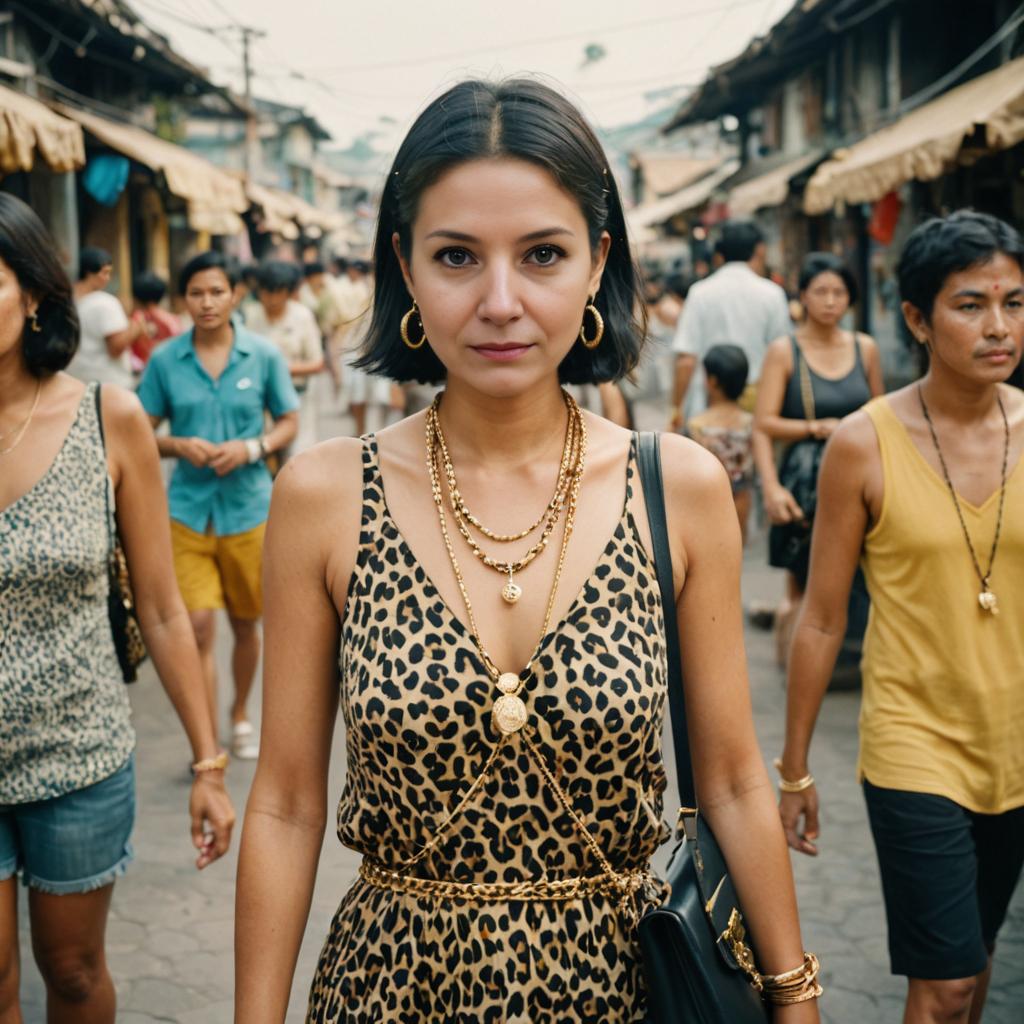 Chic Woman in Leopard Print Dress with Gold Necklaces