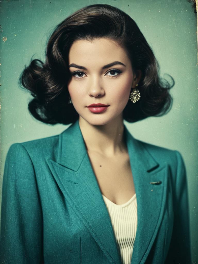 Vintage 1950s Style Woman in Teal Blazer Realistic Portrait