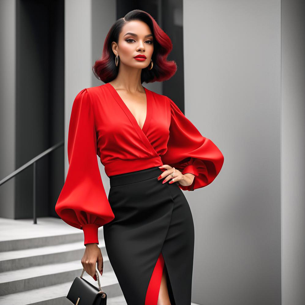 Confident Woman in Red and Black Fashion Ensemble