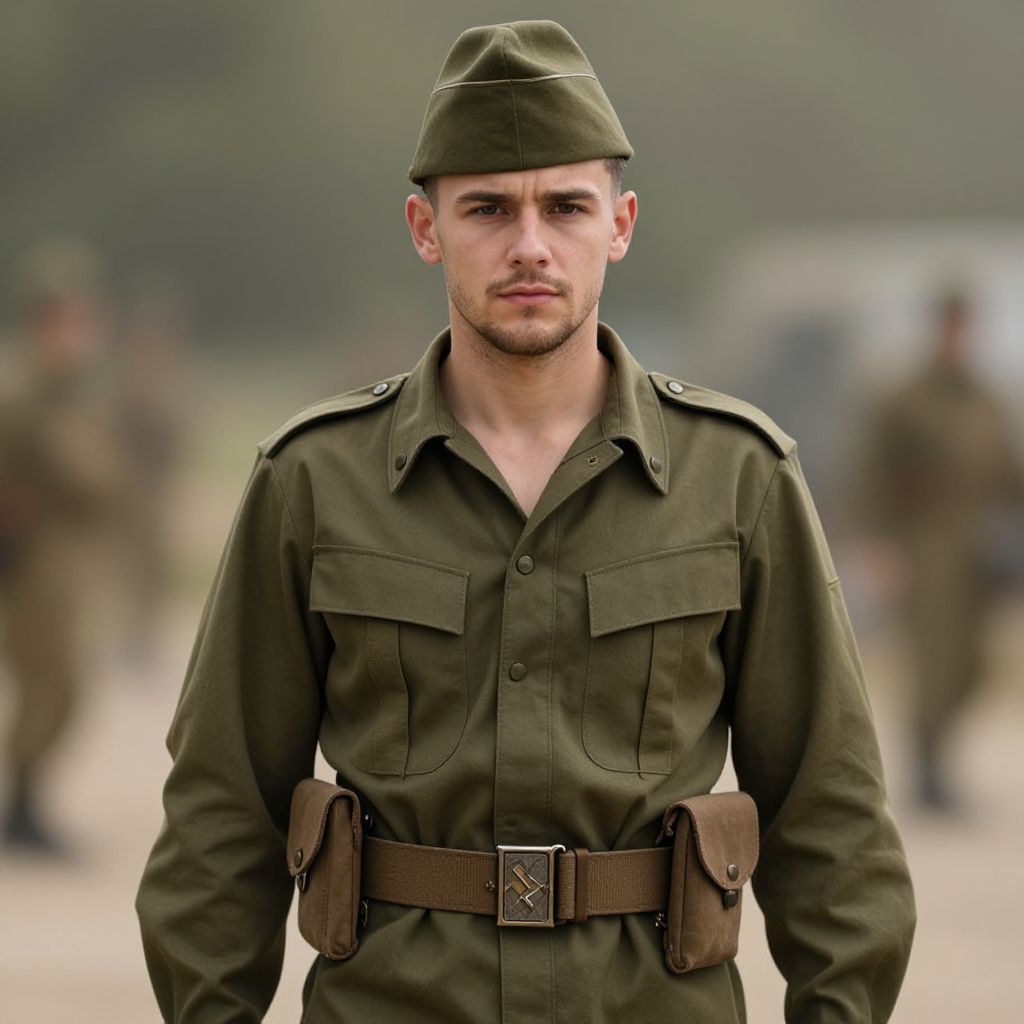Young Man in Vintage Olive Green Military Uniform Portrait
