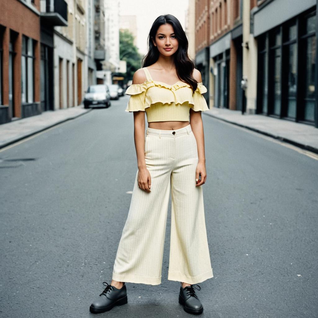 Young Woman Wearing Yellow Crop Top and Wide-Leg Pants on Urban Street