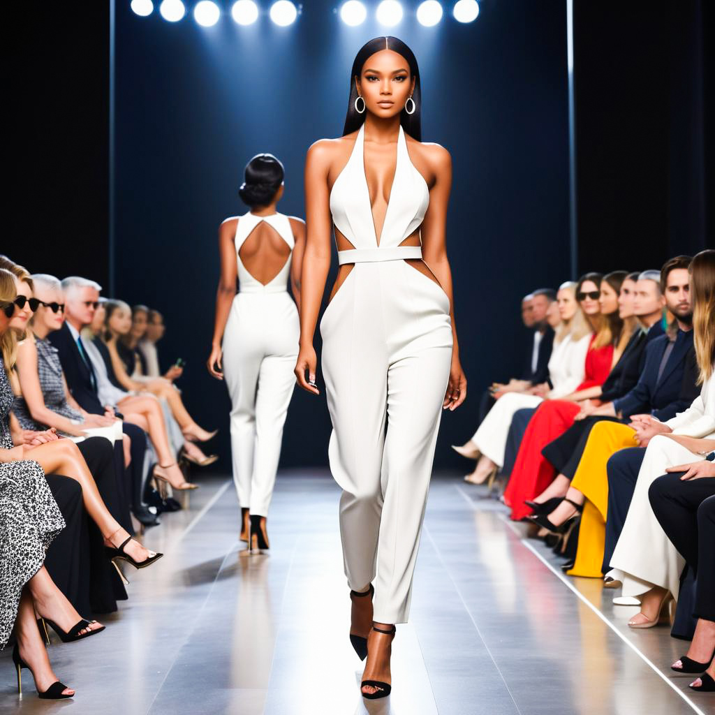 Model in White Jumpsuit on Runway