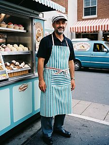 Man in Ice Cream Vendor Costume with Striped Apron Standing by Vintage Cart