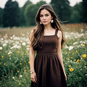 Young Woman in Brown Midi Dress in Wildflower Field