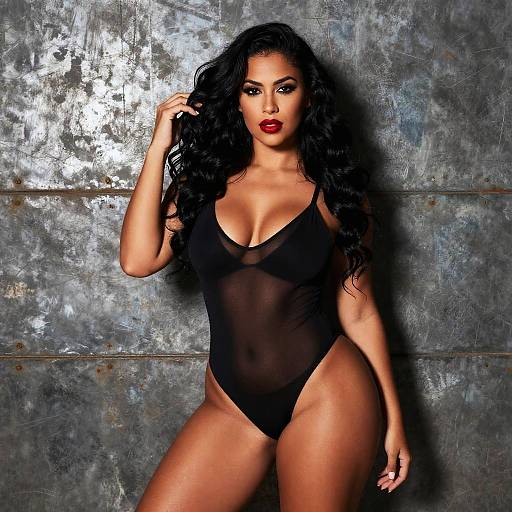 Confident Woman in Sheer Black Bodysuit with Bold Makeup and Industrial Backdrop