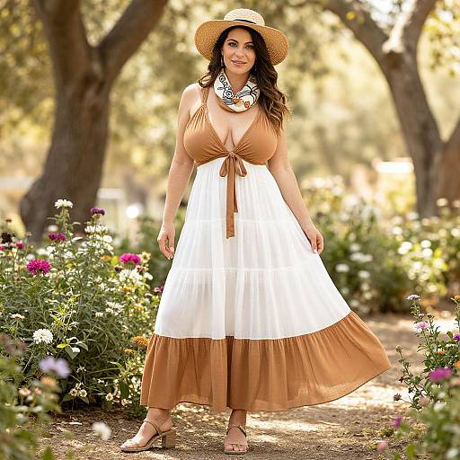 Woman Wearing Flowy Bohemian Dress and Straw Hat in Garden