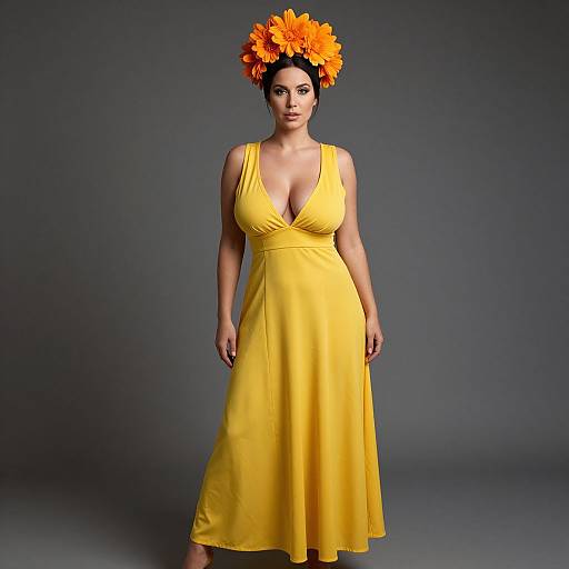 Woman in Yellow Dress with Bright Orange Floral Headpiece on Gray Background