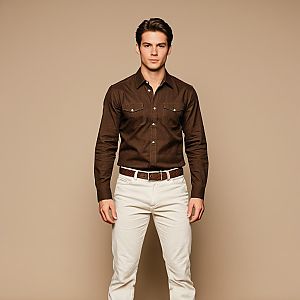 Young Man in Brown Shirt and White Pants Realistic Portrait