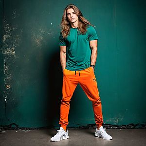Confident Young Man in Teal and Orange Fashion