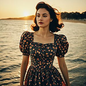 Vintage Floral Dress Woman by Ocean Sunset