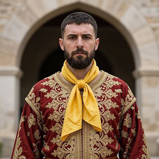 Man in Traditional Embroidered Garment with Yellow Scarf Outdoors