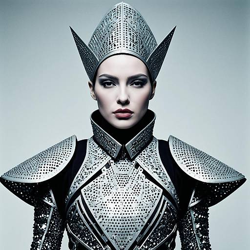 Futuristic Silver Armor Woman with Geometric Design Headpiece