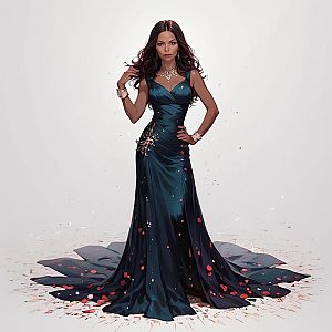 Confident Woman in Dark Teal Evening Gown