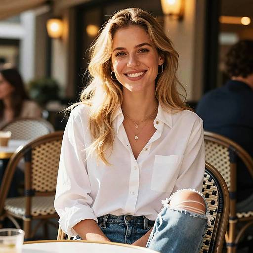 Smiling Young Woman in Casual White Shirt and Ripped Jeans at Outdoor Café