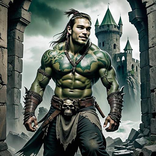Muscular Fantasy Warrior with Tribal Tattoos in Castle Ruins
