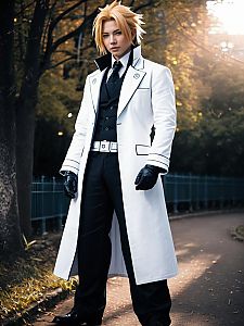 Man Cosplaying Rufus Shinra in Realistic Costume with White Coat