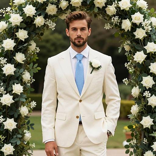 Elegant Groom in Cream Suit with Blue Tie Standing by White Rose Arch