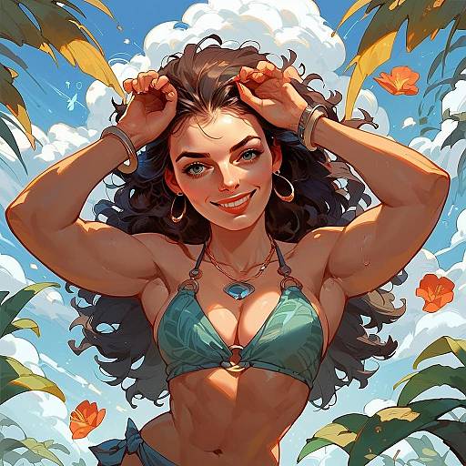 Digital Illustration of Smiling Woman in Green Bikini with Floral Sky Background
