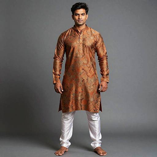 Man in Traditional Indian Kurta and White Churidar Pants