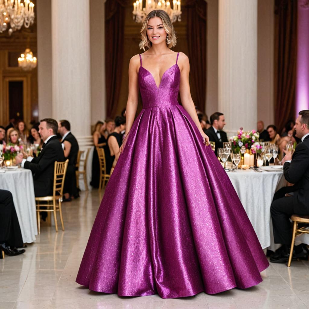 Glamorous Woman in Purple Ball Gown at Elegant Ballroom