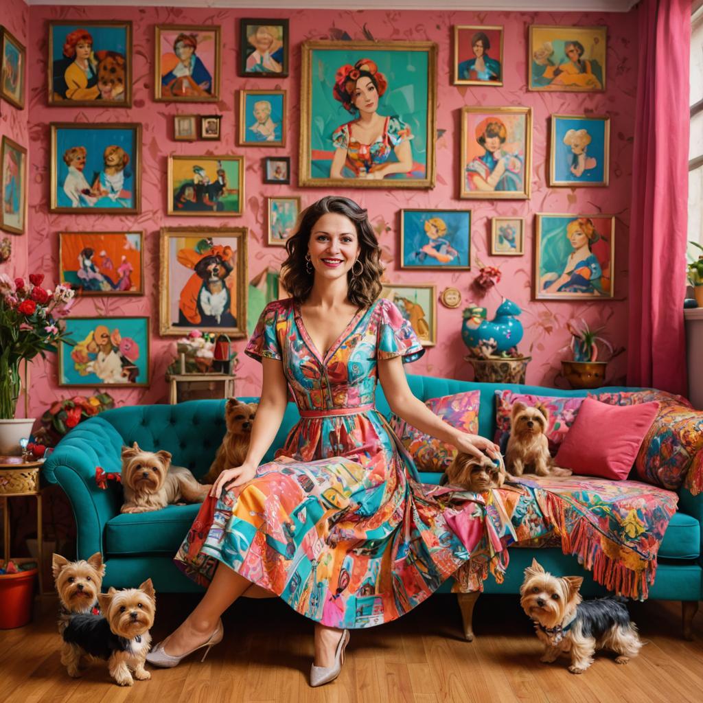 Retro Woman with Dogs in Colorful Room