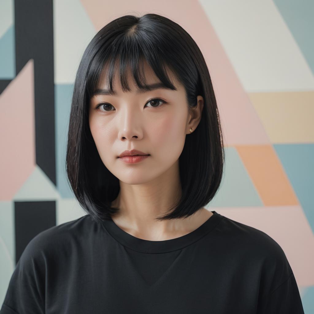 Portrait of Young Asian Woman with Black Hair and Geometric Pastel Background