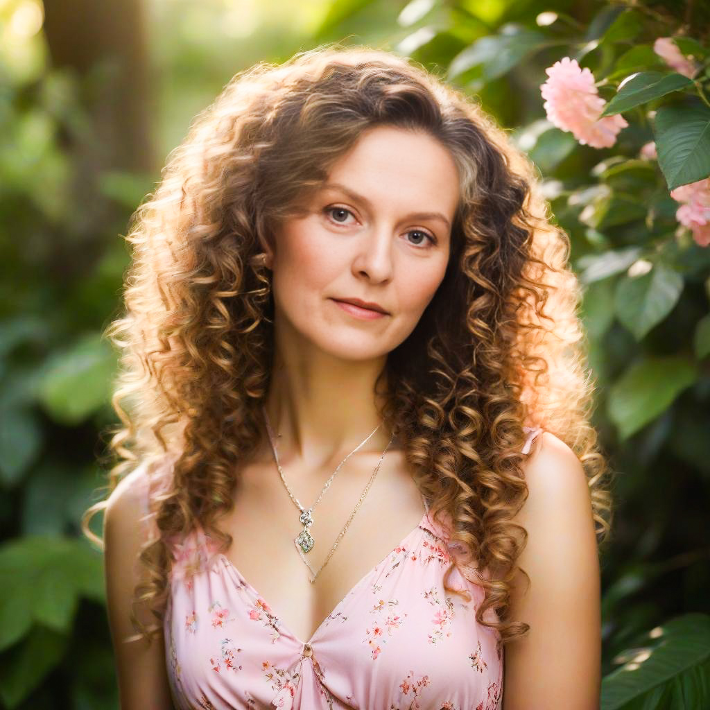 Serene Woman in Floral Dress Among Greenery