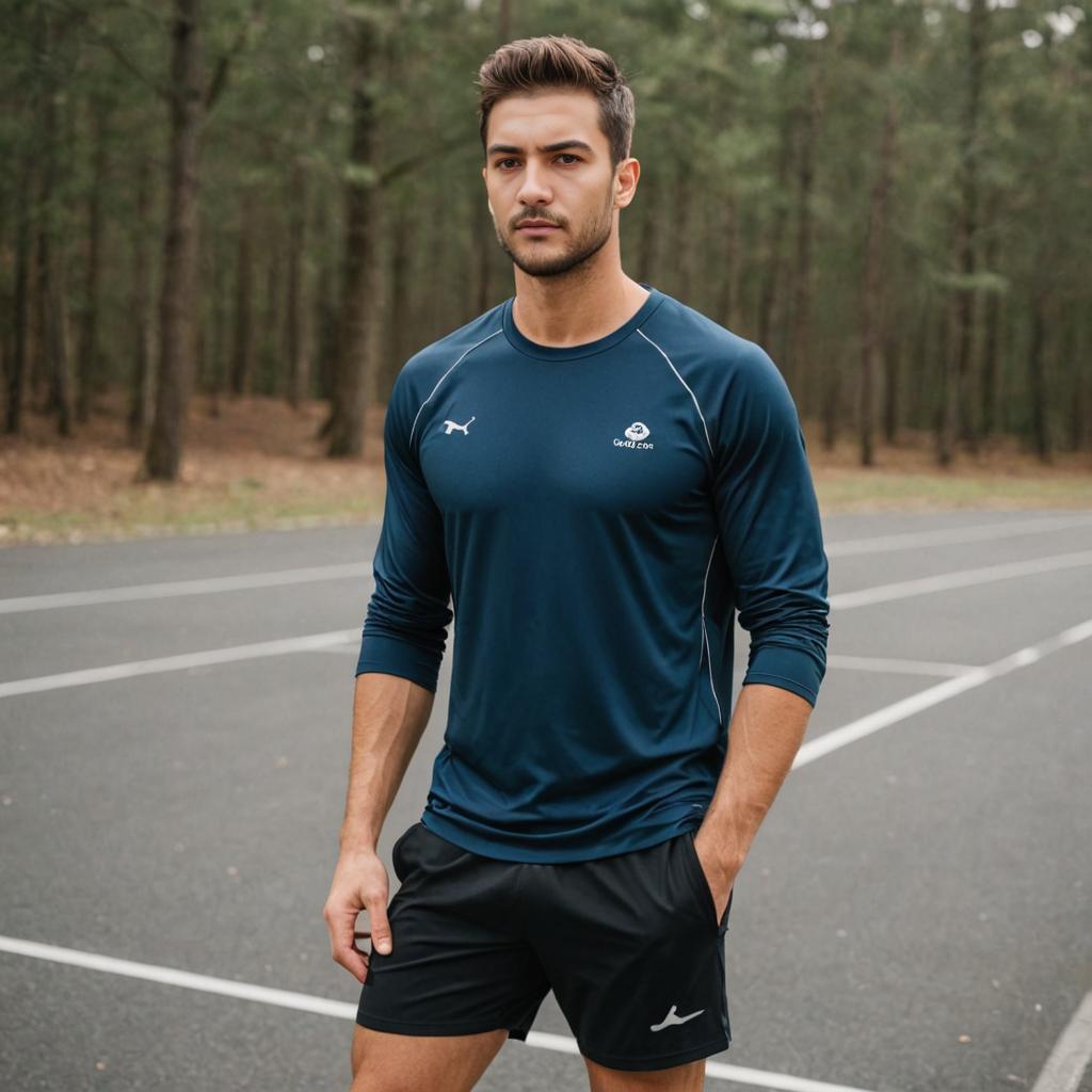 Confident Man in Athletic Wear on Wooded Road