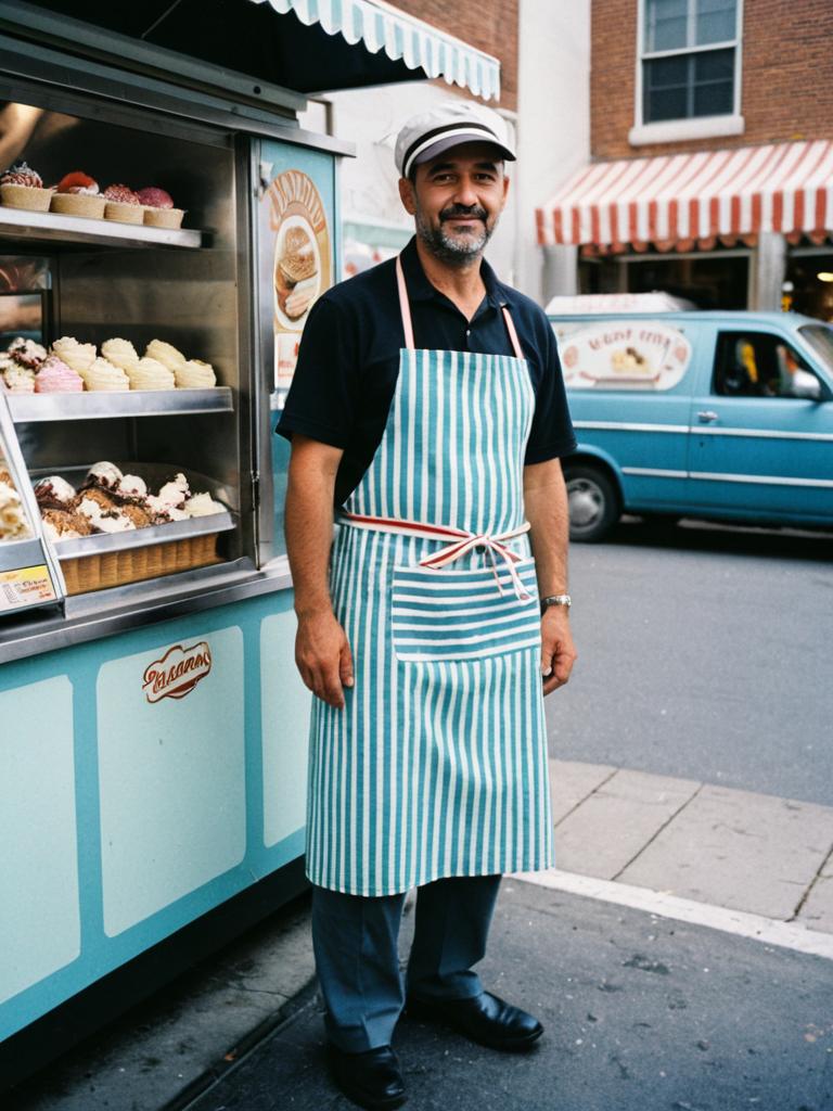 Man in Ice Cream Vendor Costume with Striped Apron Standing by Vintage Cart