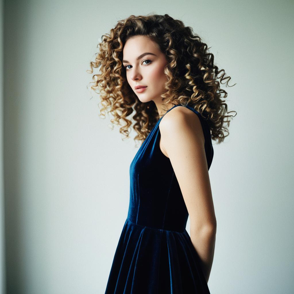 Portrait of Woman in Elegant Blue Velvet Dress with Curly Hair