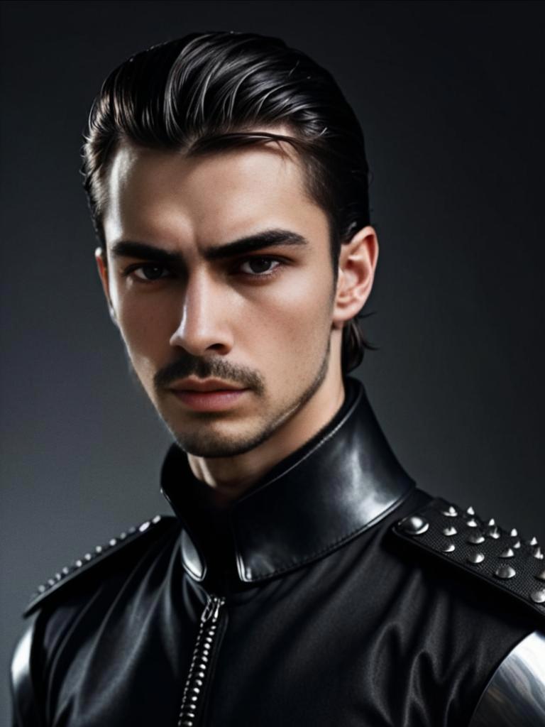 Confident Young Man in Studded Leather Jacket