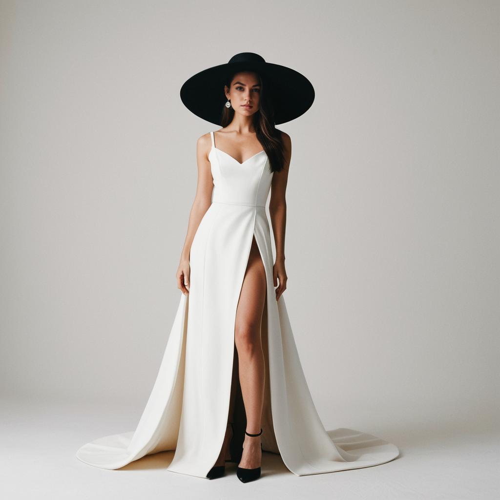 Confident Woman in Elegant White Gown and Black Hat