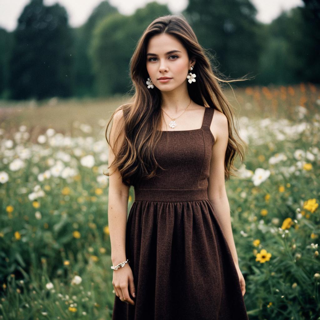 Young Woman in Brown Midi Dress in Wildflower Field
