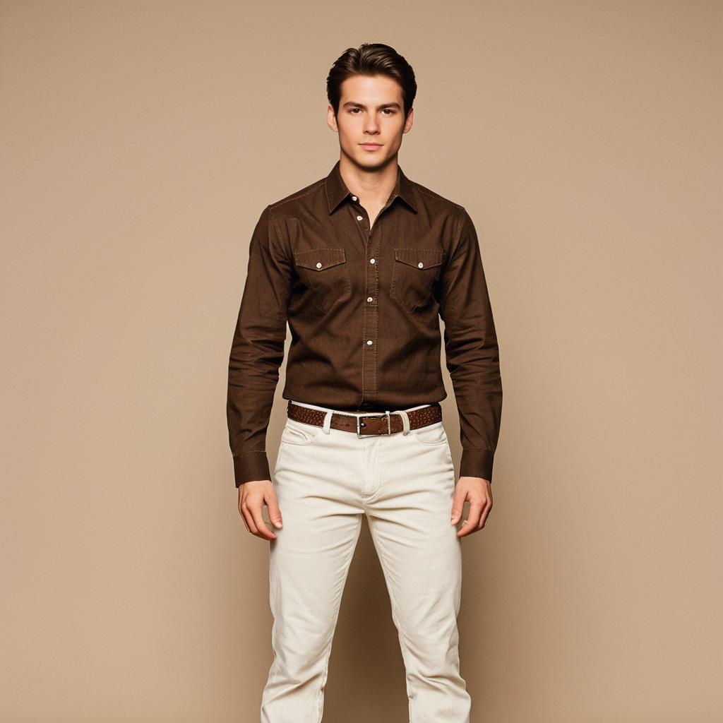 Young Man in Brown Shirt and White Pants Realistic Portrait