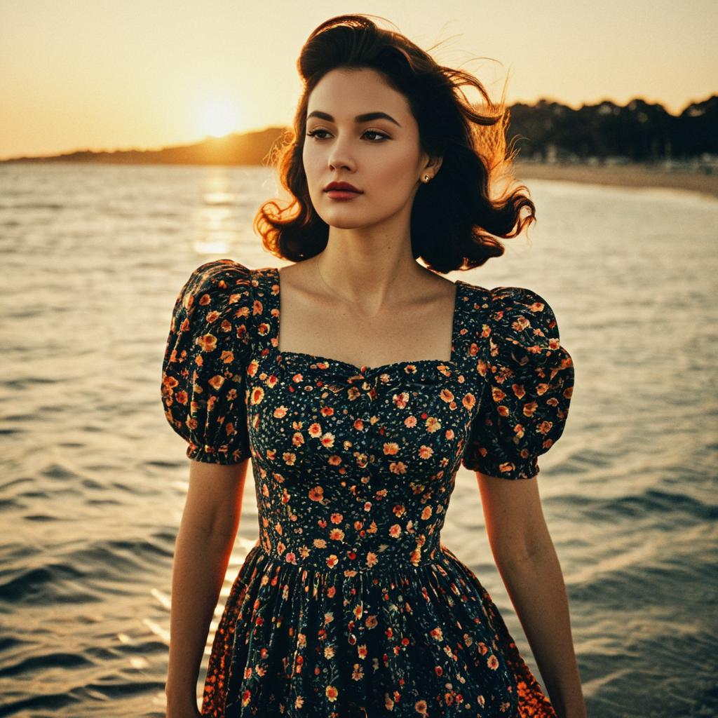 Vintage Floral Dress Woman by Ocean Sunset