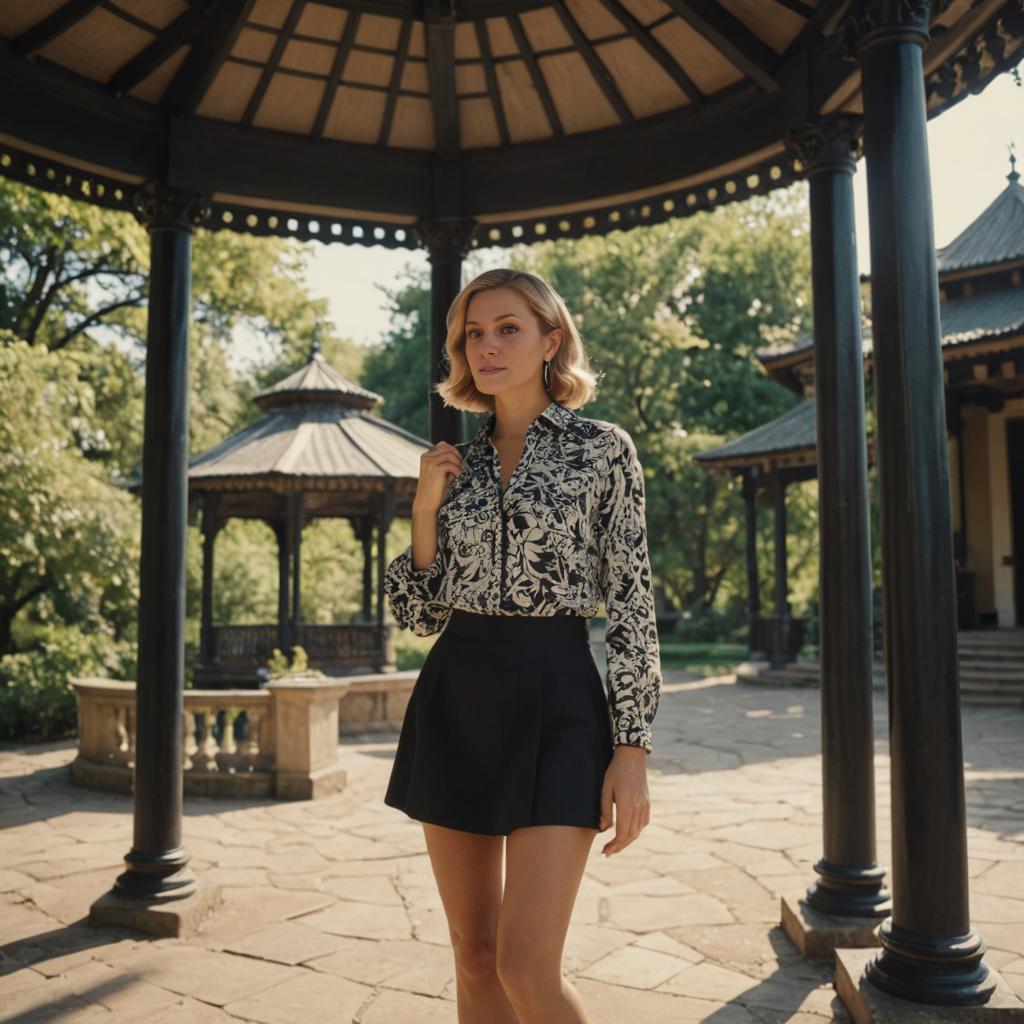 Thoughtful Woman in Artistic Blouse Under Gazebo