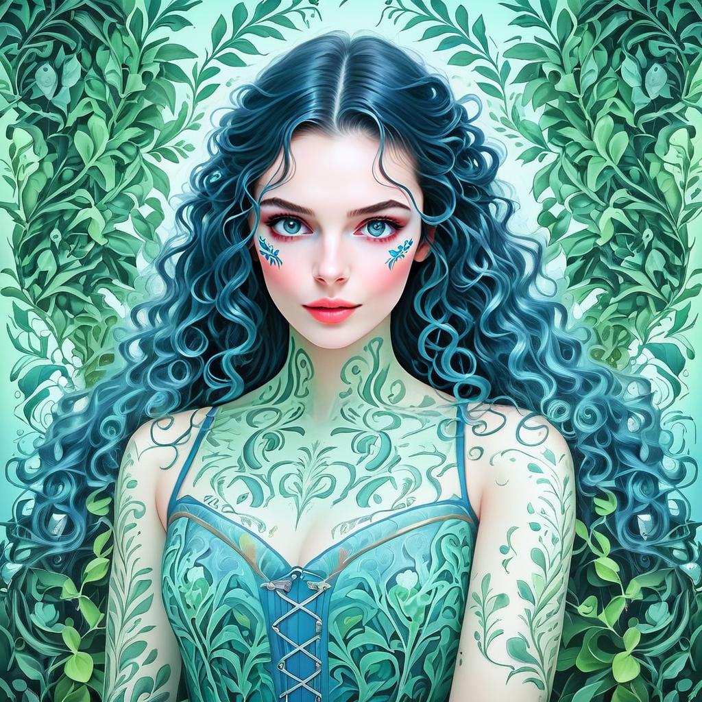 Woman with Blue Hair in Lush Foliage