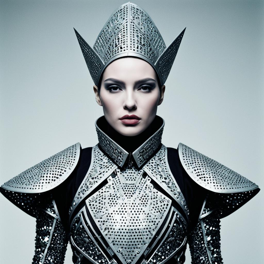Futuristic Silver Armor Woman with Geometric Design Headpiece
