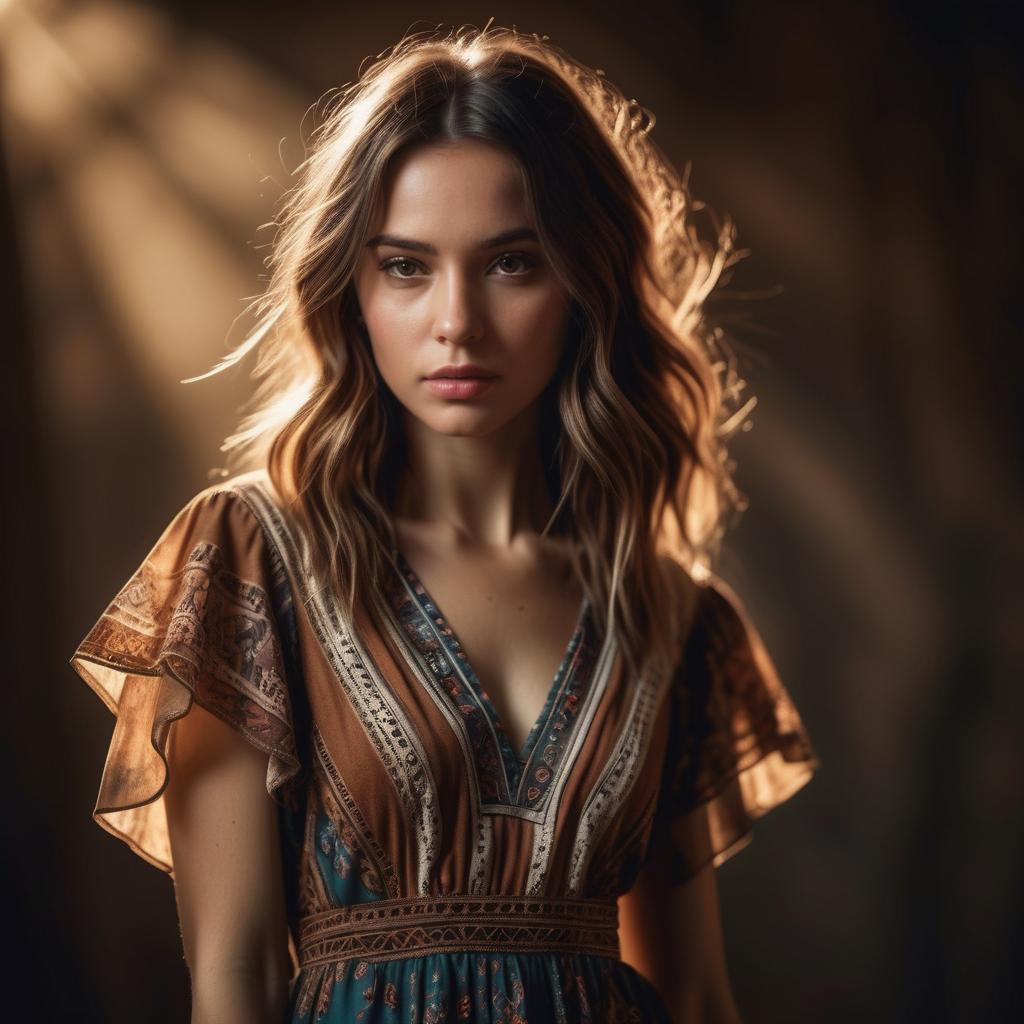 Portrait of Woman in Bohemian Vintage Dress with Warm Lighting
