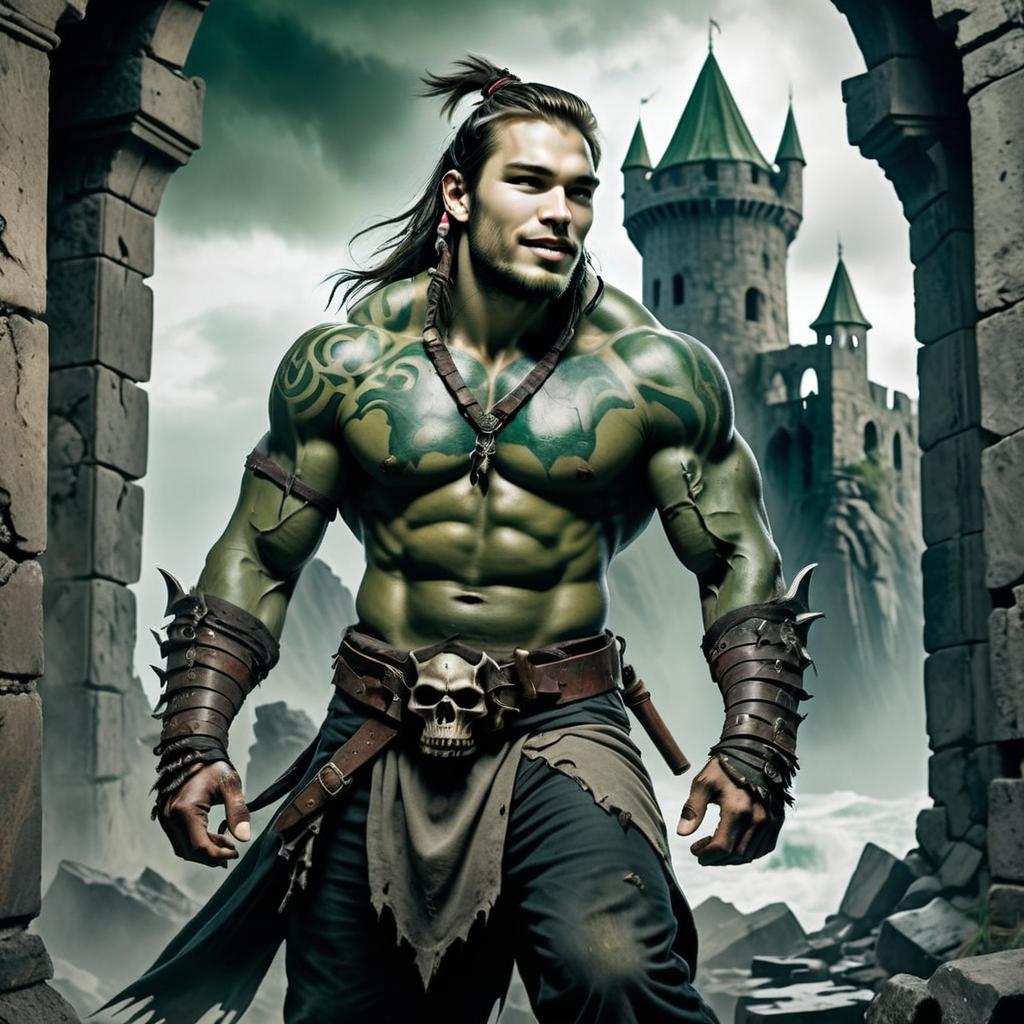 Muscular Fantasy Warrior with Tribal Tattoos in Castle Ruins