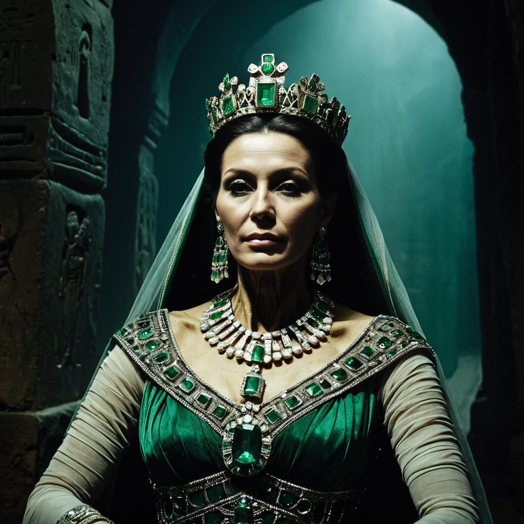 Regal Woman in Emerald Jewel-Encrusted Gown with Crown in Ancient Setting