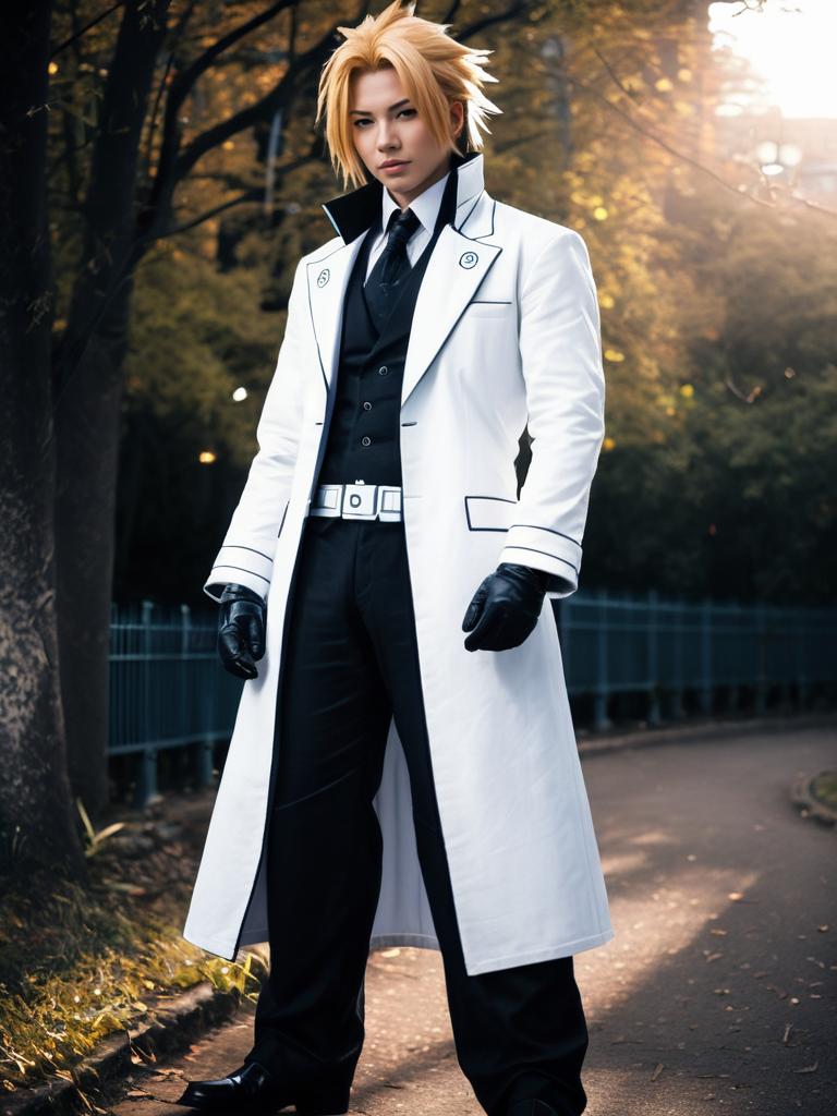 Man Cosplaying Rufus Shinra in Realistic Costume with White Coat