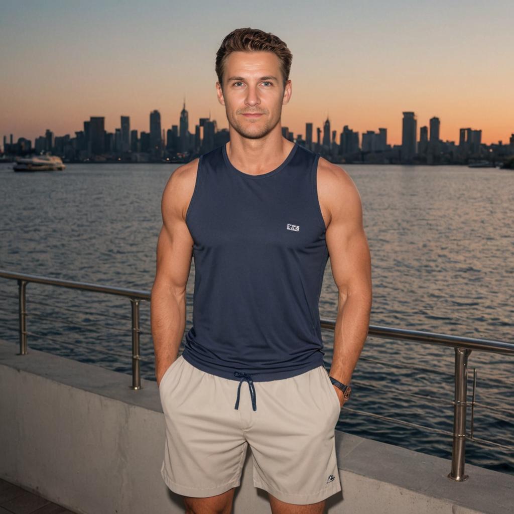 Confident Fit Man in City Skyline at Dusk