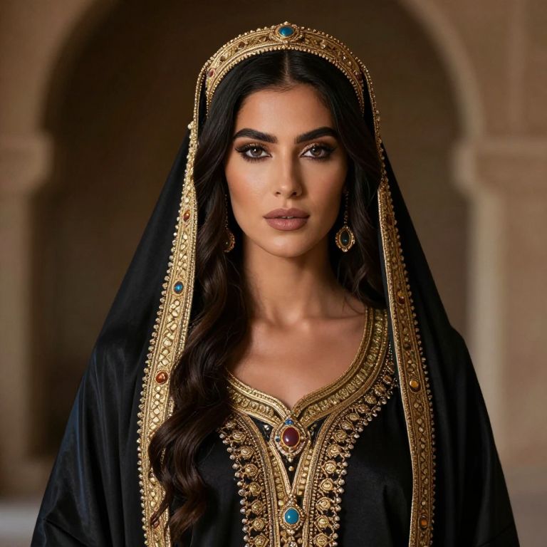 Elegant Woman in Traditional Embroidered Black Abaya with Gold and Jewels