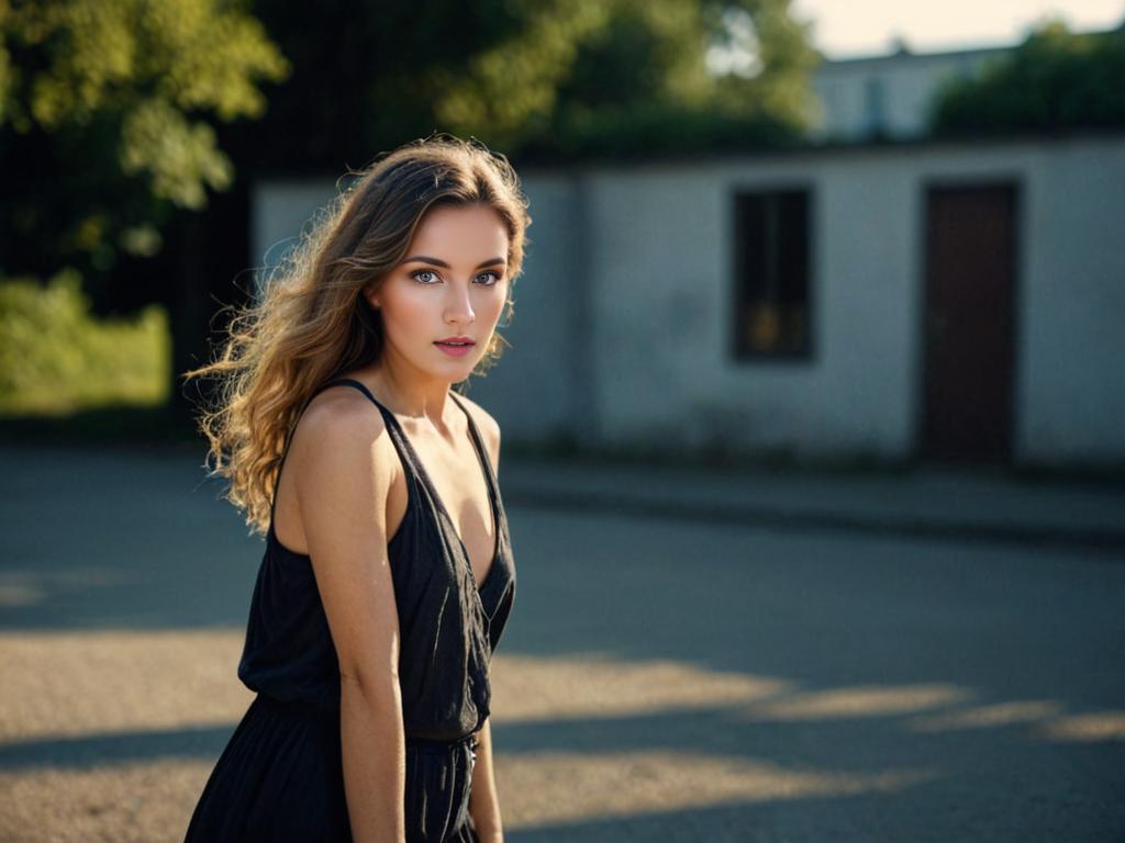 Woman in Black Dress Outdoors with Sunlight