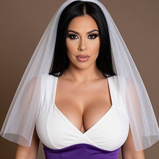 Portrait of Woman in Bridal Veil and Purple White Dress