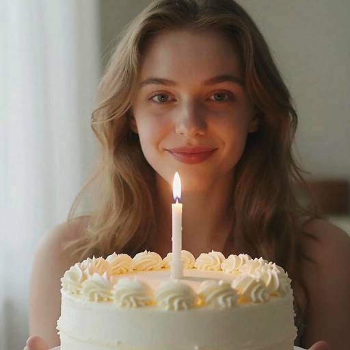 Young Woman Holding White Birthday Cake with Single Candle