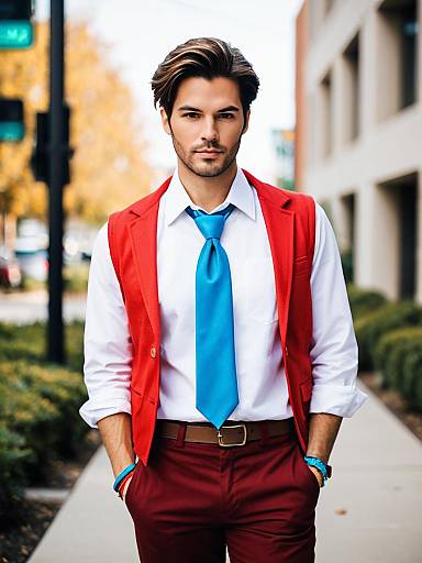Confident Young Man in Red Vest and Blue Tie Urban Fashion Portrait