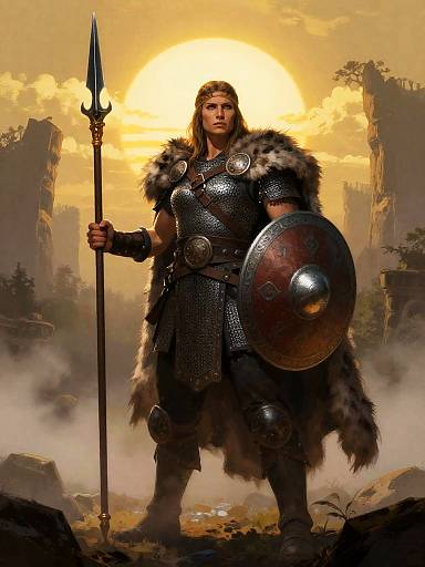 Viking Woman Warrior in Chainmail Armor with Spear and Shield at Sunset